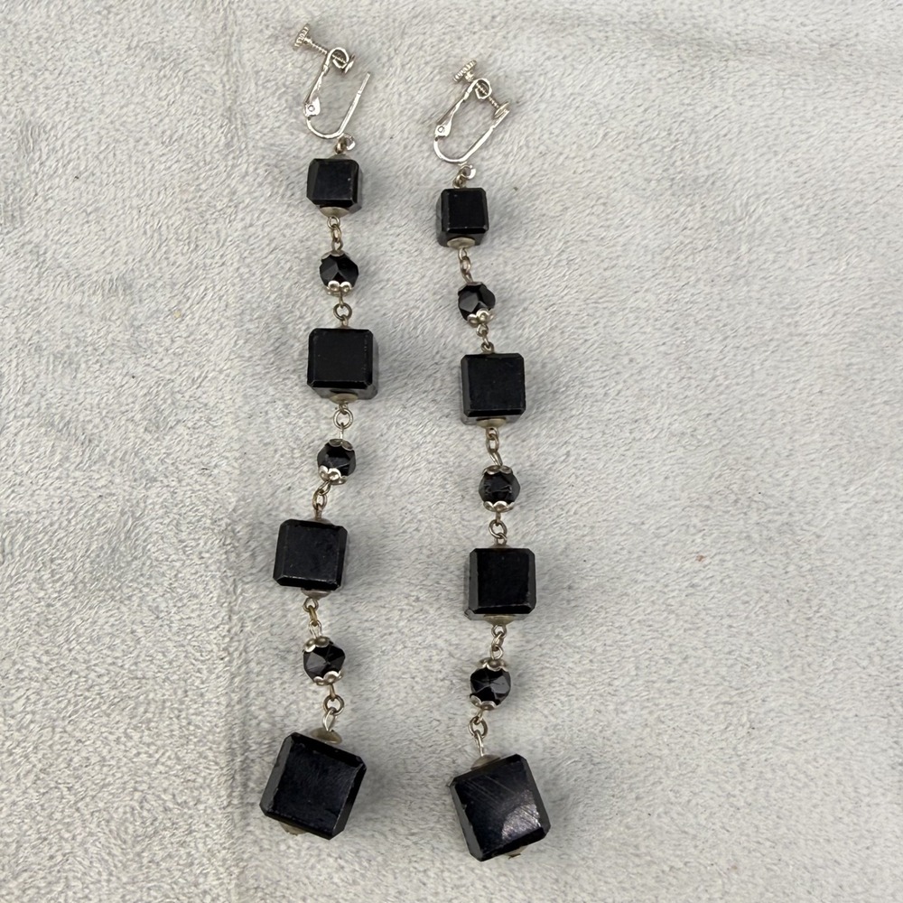 Vintage Clip On Earrings Beaded Black Glass Square Long Shoulder Dusters